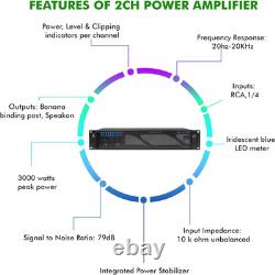 Professional 3000 Watts 2U 2-Channel DJ Power Amplifier with Dual Cooling Speed