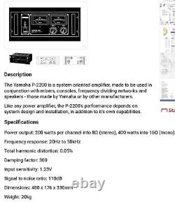 Amplificateur de puissance de la série professionnelle Yamaha P2200, réponse en fréquence 20Hz-50kHz